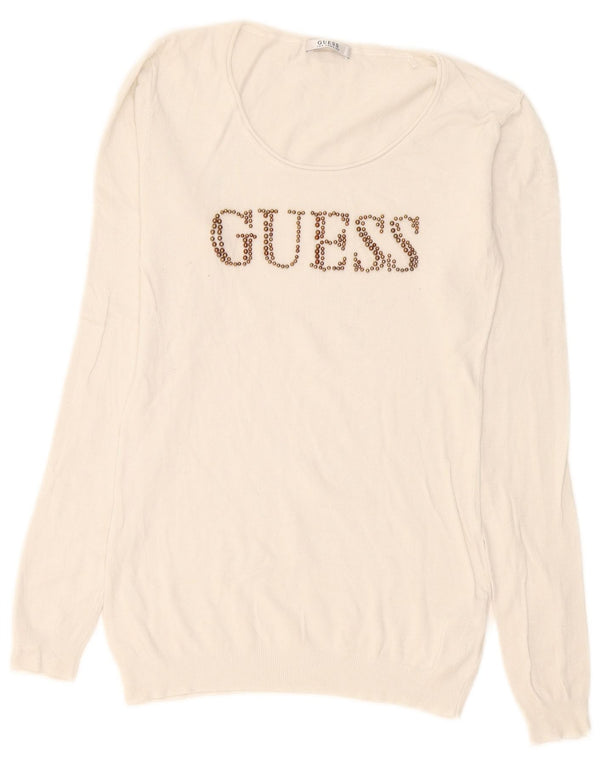 Guess Pull graphique à col bateau pour femme UK 14 Large Blanc Viscose