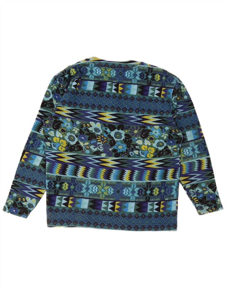 vintage Femme Top Manches Longues UK 14 Coton Géométrique Bleu Moyen