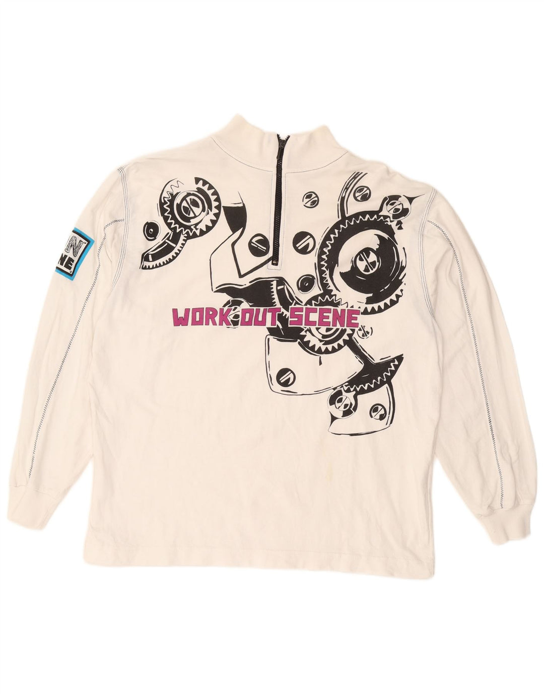 VINTAGE Sweat-shirt graphique à col zippé pour homme 2XL en coton blanc