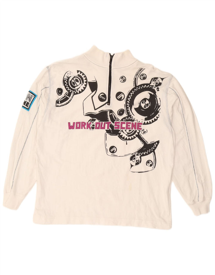 VINTAGE Sweat-shirt graphique à col zippé pour homme 2XL en coton blanc