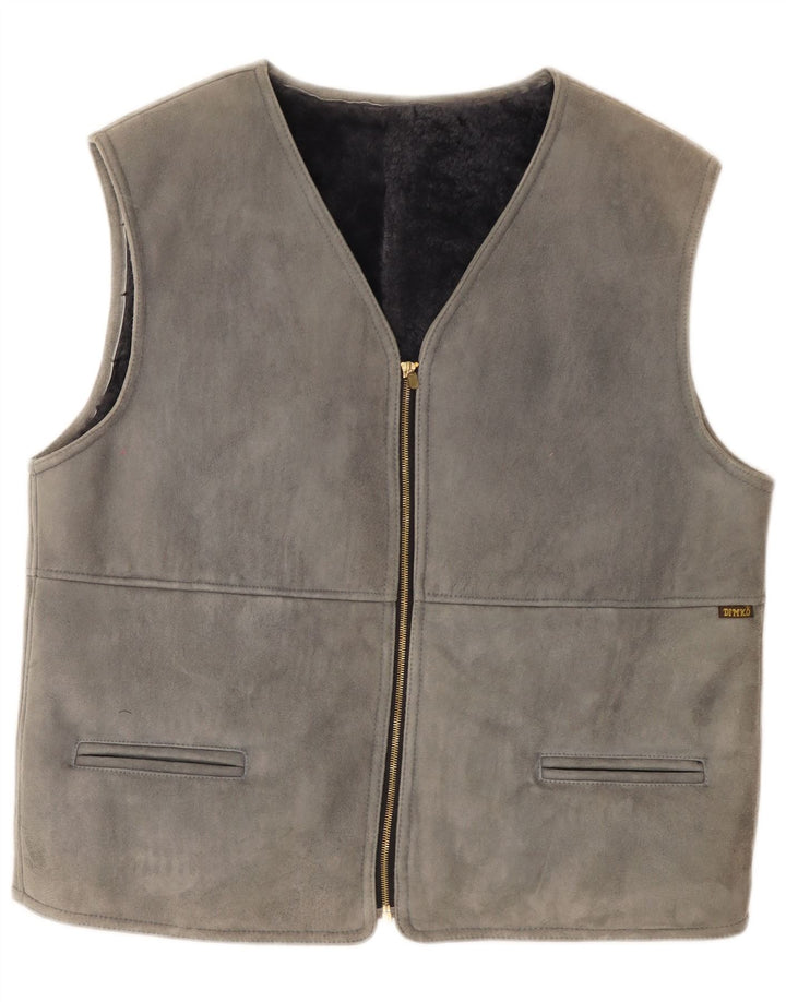 vintage Mens Shearling Gilet IT 54 2XL Cuir Gris