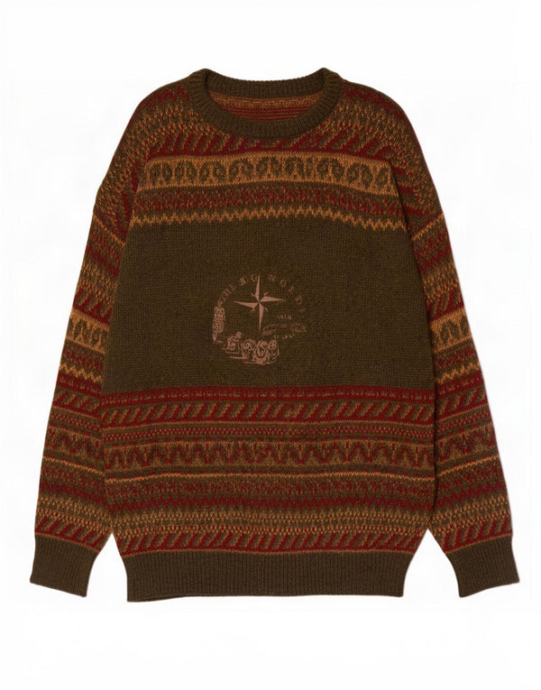 vintage Mens Crew Neck Jumper Pull Grande Laine Fair Isle Verte