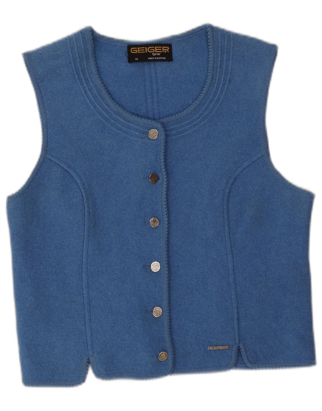 Geiger Gilet court pour femme EU 42 Large Bleu Laine vierge