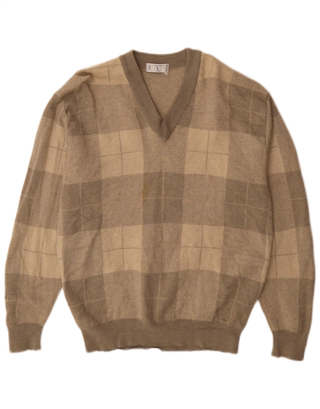 VALENTINO Pull Col V Homme XL Gris Patchwork Laine