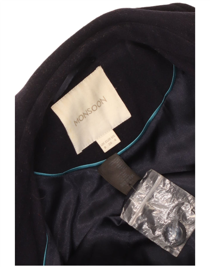 Monsoon Manteau croisé pour femme UK 8 Petite laine bleu marine