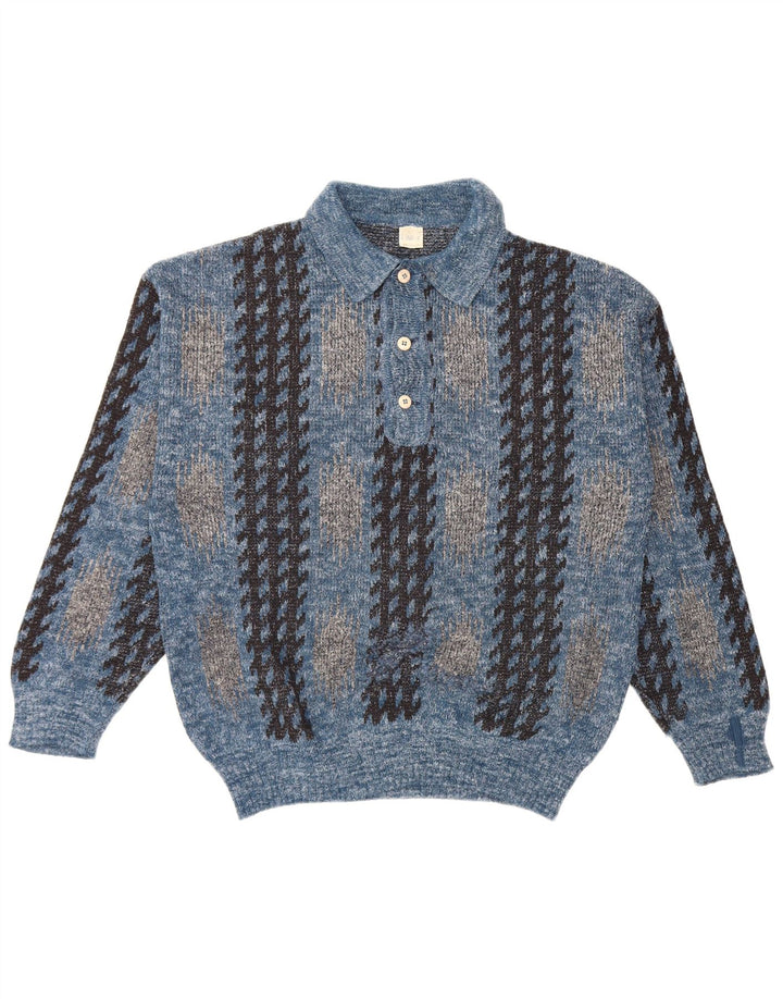 vintage Mens Polo Neck Jumper Pull Moyen Bleu Géométrique