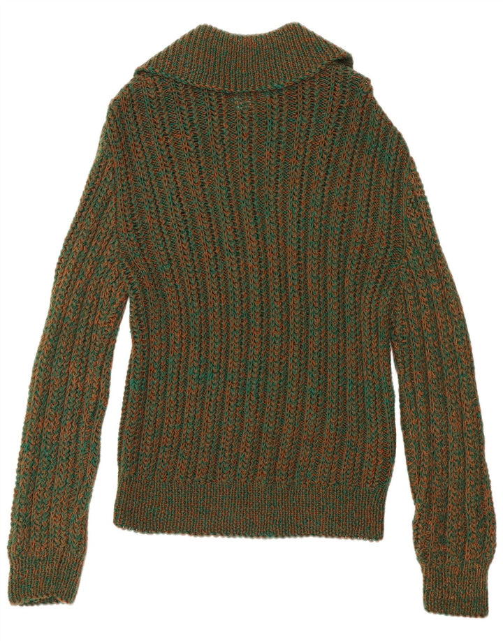 vintage Mens Polo Neck Jumper Pull Vert Moyen Moucheté