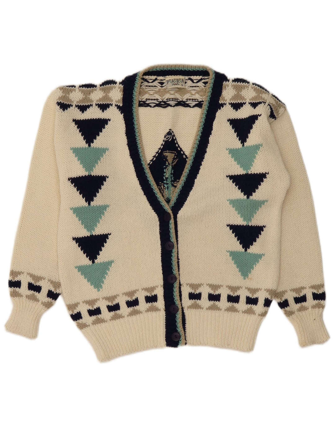 VINTAGE Femmes Cardigan surdimensionné Pull UK 10 Petit Off White Géométrique