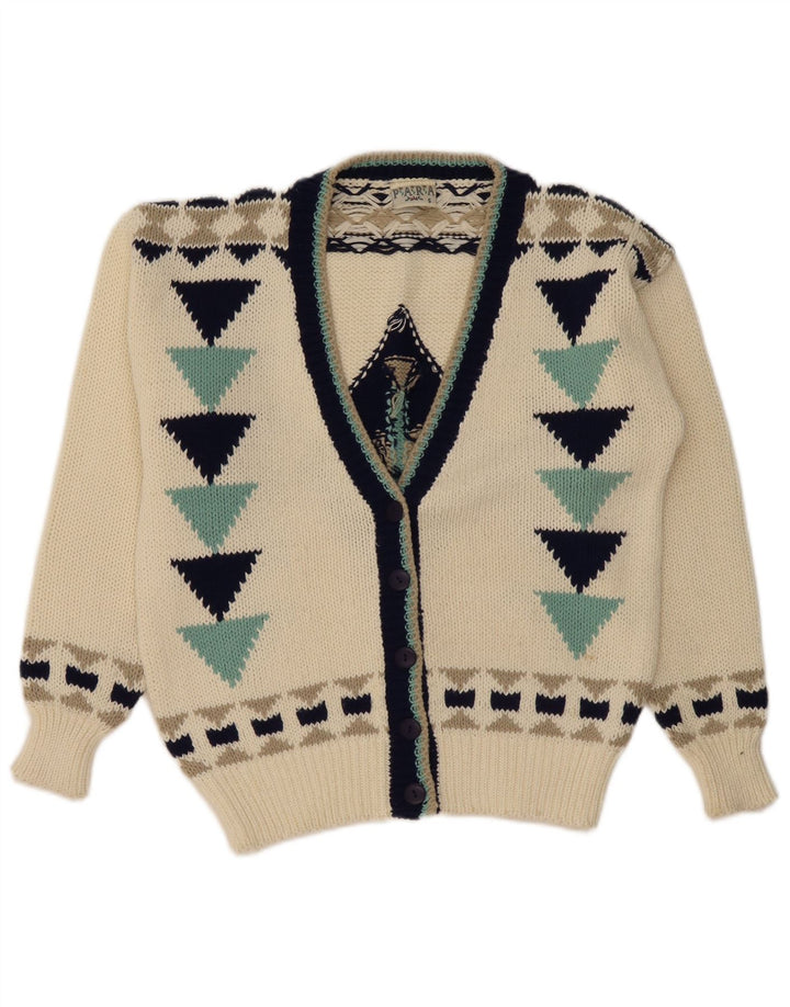 VINTAGE Femmes Cardigan surdimensionné Pull UK 10 Petit Off White Géométrique