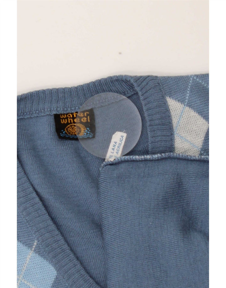 vintage Mens Vest Débardeur Moyen Bleu Argyle/Diamond Wool