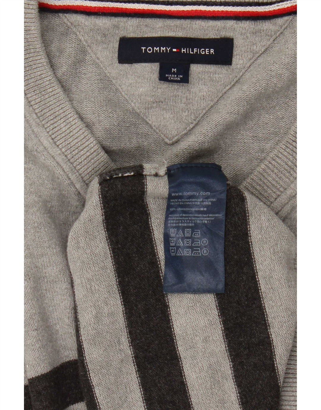 Tommy Hilfiger Pull Col V Homme Gris Moyen Rayé Coton