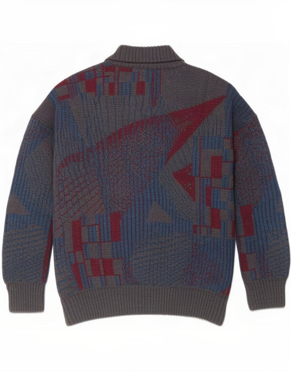 vintage Mens Cardigan Sweater IT 54 XL Gris Géométrique Laine