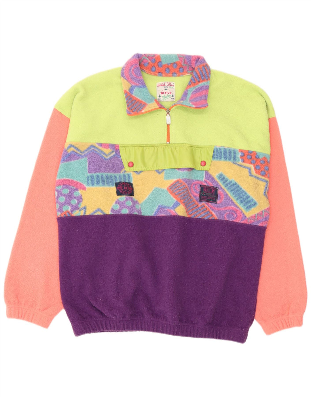 Benetton Pull Polaire Col Zippé XL Multicolore Géométrique Homme