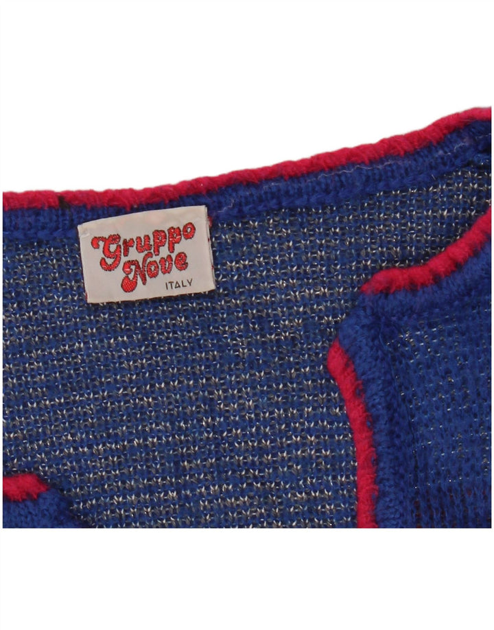 VINTAGE Pull graphique col en V pour femme UK 16 Grand Bleu