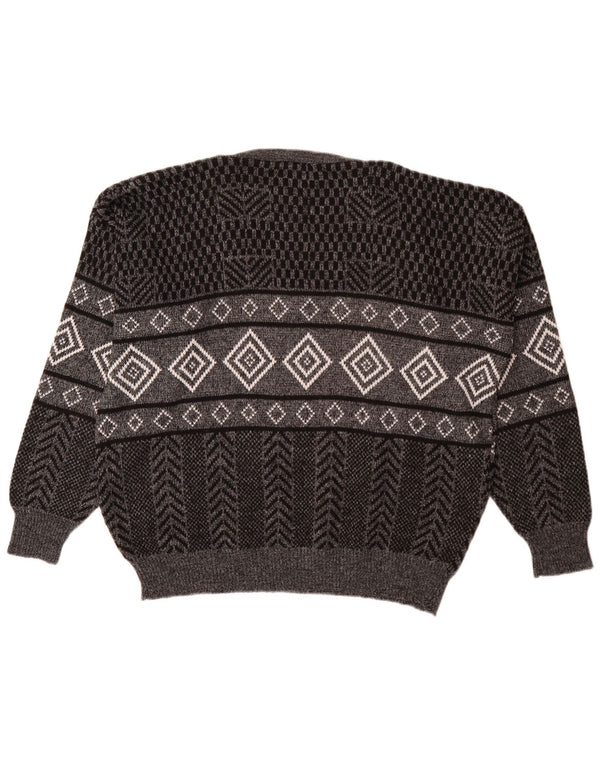 vintage Mens V-neck Jumper Sweater XL Gris Géométrique Acrylique