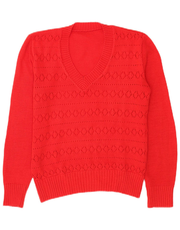 vintage Femme V-Col Jumper Pull UK 16 Grand Rouge