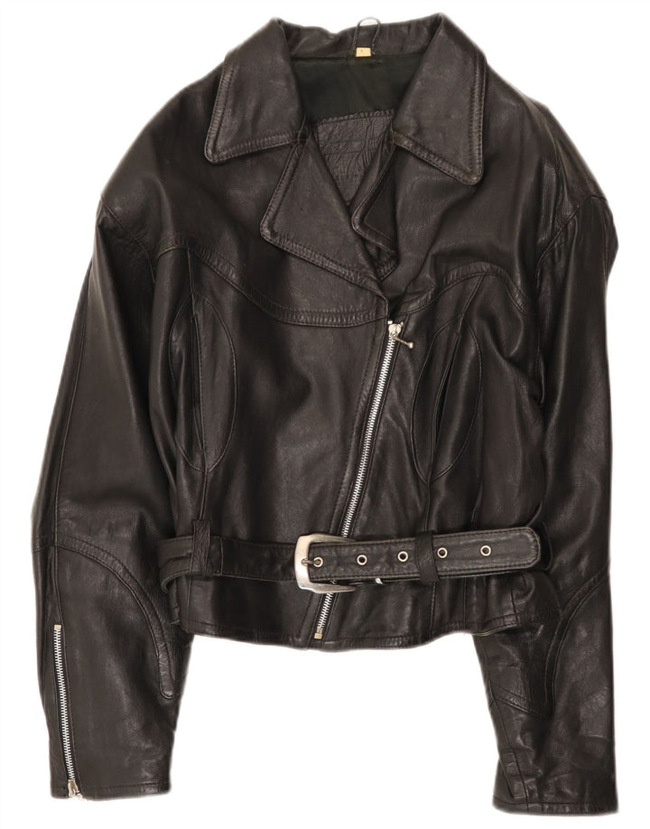 veste biker en cuir femme vintage UK 14 Grand cuir noir