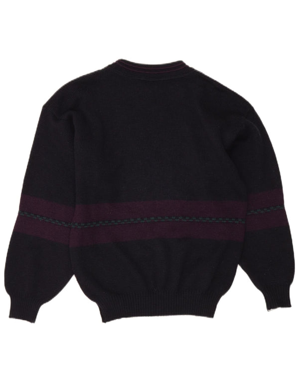 vintage Mens Graphic Boat Neck Jumper Pull Petit Bleu Marine Colorblock