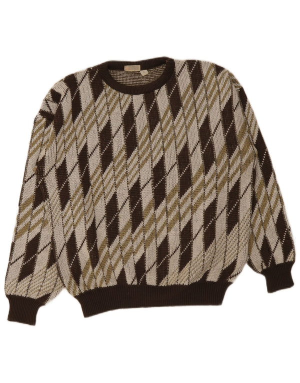 vintage Femme Crew Neck Jumper Pull UK 18 XL Marron Argyle/Diamant
