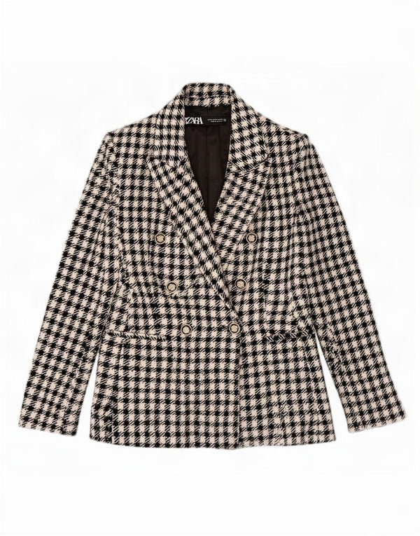 Zara Veste Blazer Double Boutonnage Femme UK 6 XS Noir Vichy Polyester