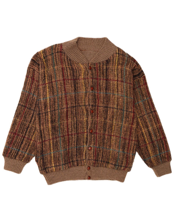 vintage Mens Cardigan Pull Grand Marron Check Acrylique