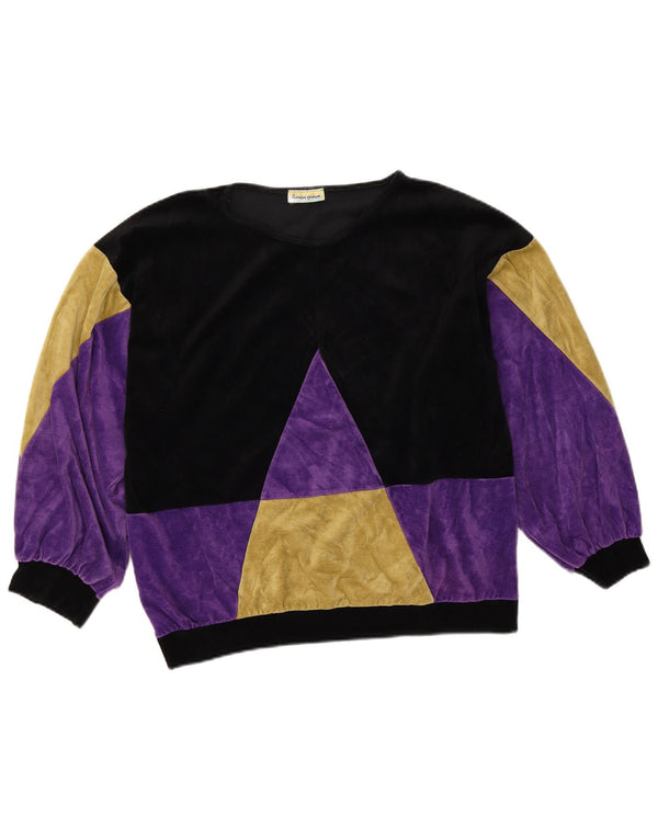vintage Womens Velvet Sweatshirt Jumper UK 16 Grand Colorblock Noir