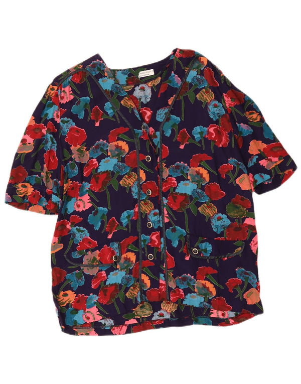 vintage Femme Chemise à manches courtes Blouse UK 16 Grand Bleu Marine Floral