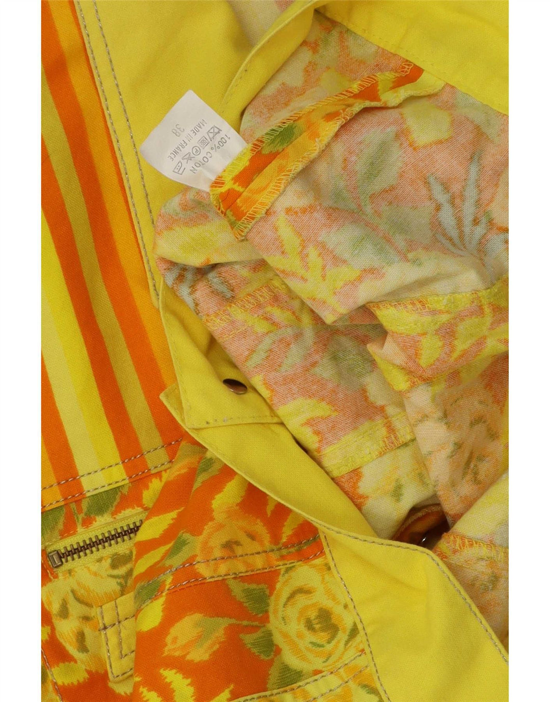 vintage Womens Crop Bomber Jacket EU 38 Coton Floral Jaune Moyen