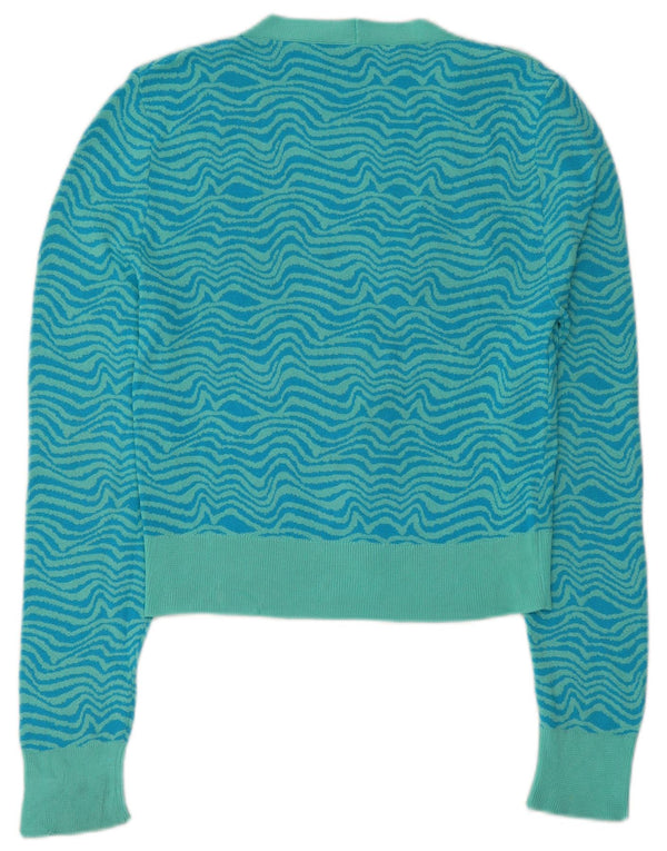 Zara Femme Cardigan Pull UK 10 Petit Bleu Géométrique Viscose