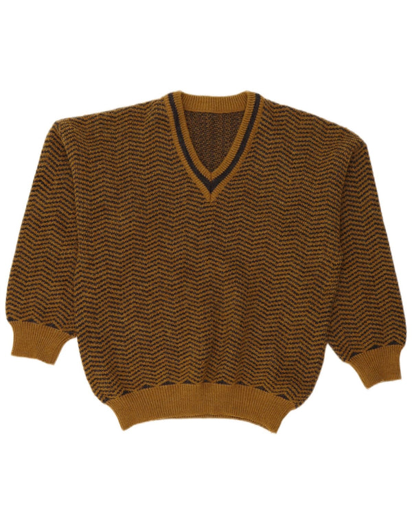 vintage Mens Loose Fit V-neck Jumper Pull Petit Chevron Marron