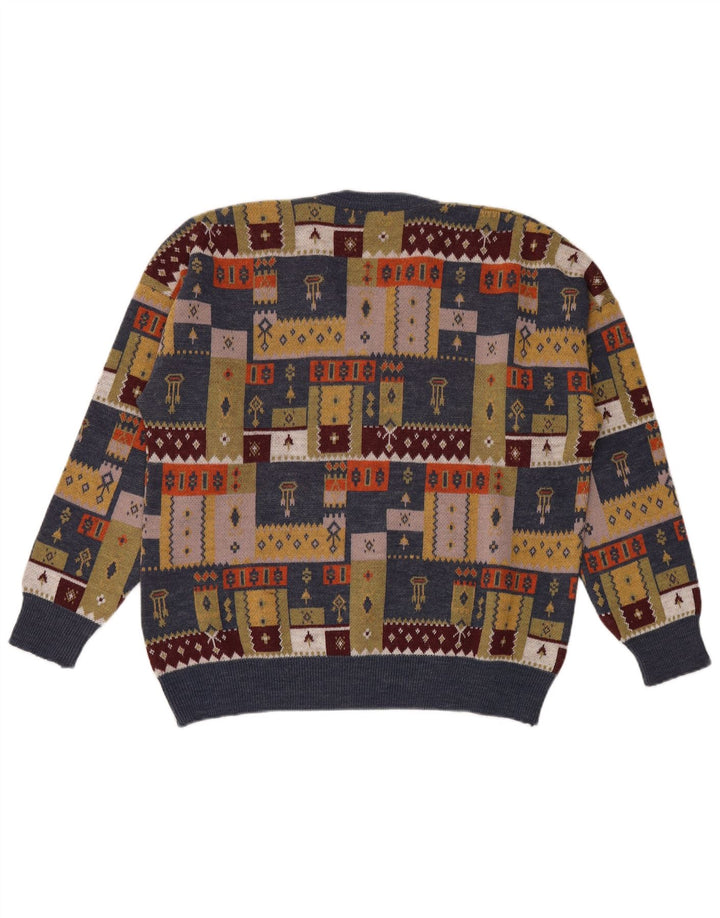 vintage Mens V-Col Jumper Pull Grand Patchwork Multicolore