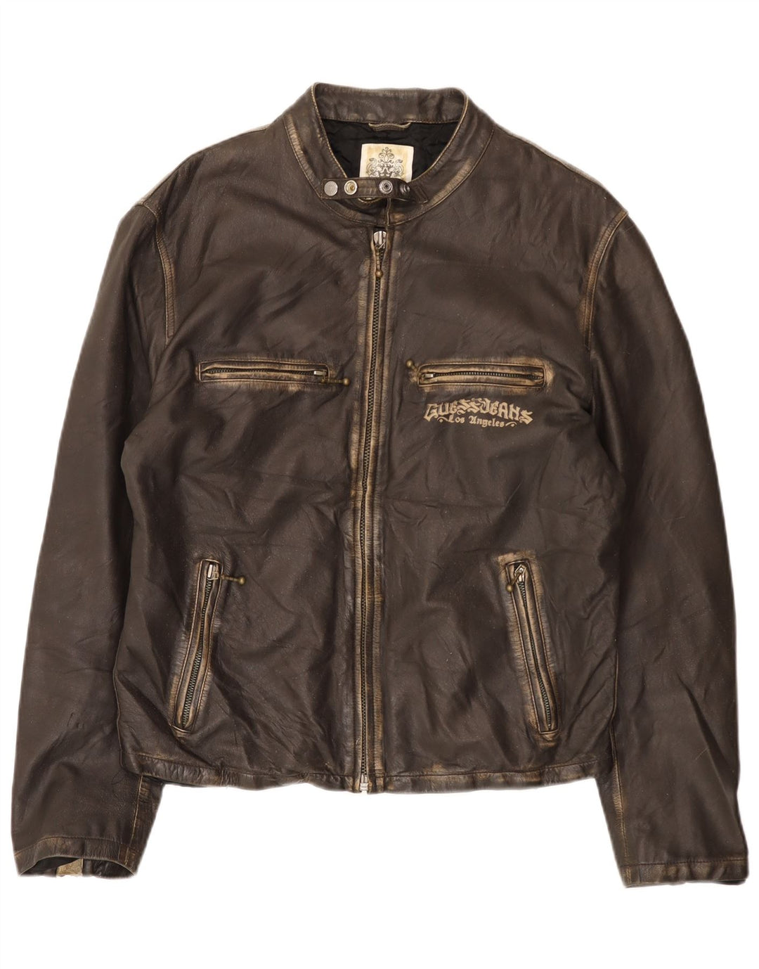 GUESS Veste de course en cuir pour homme UK 40 Grand cuir marron