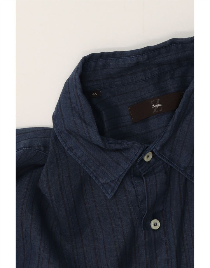 ZEGNA Chemise à manches courtes pour homme Taille 41 Bleu marine moyen rayé