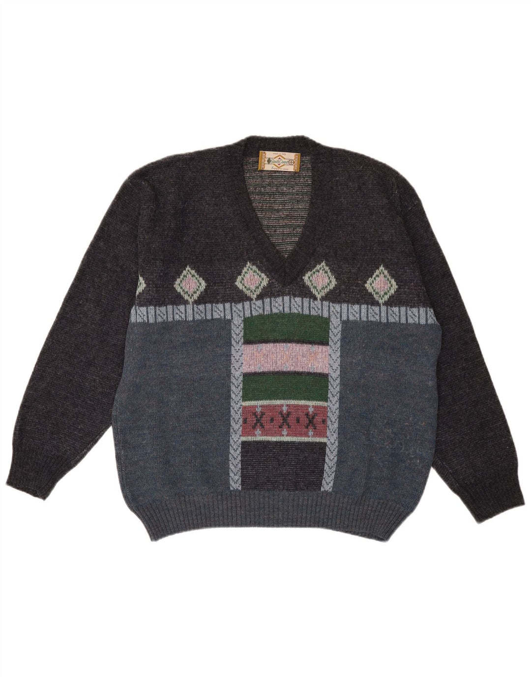 South Coast Pull col V pour homme Grand motif géométrique multicolore