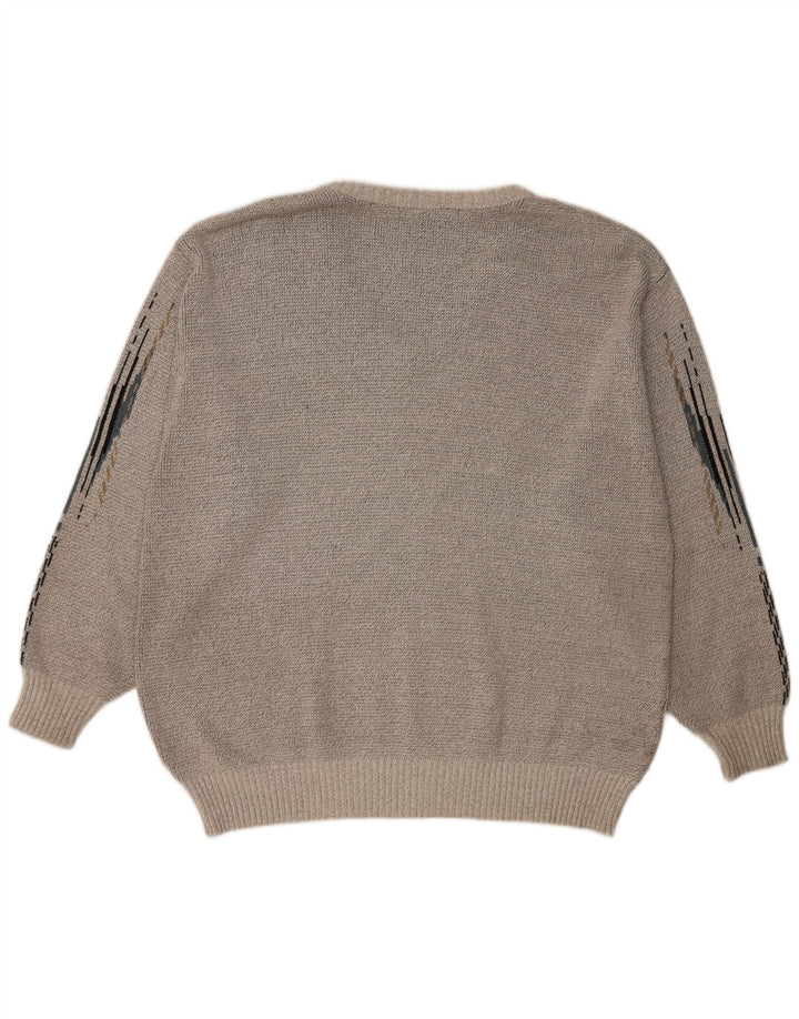 VINTAGE Pull col V homme grand gris géométrique