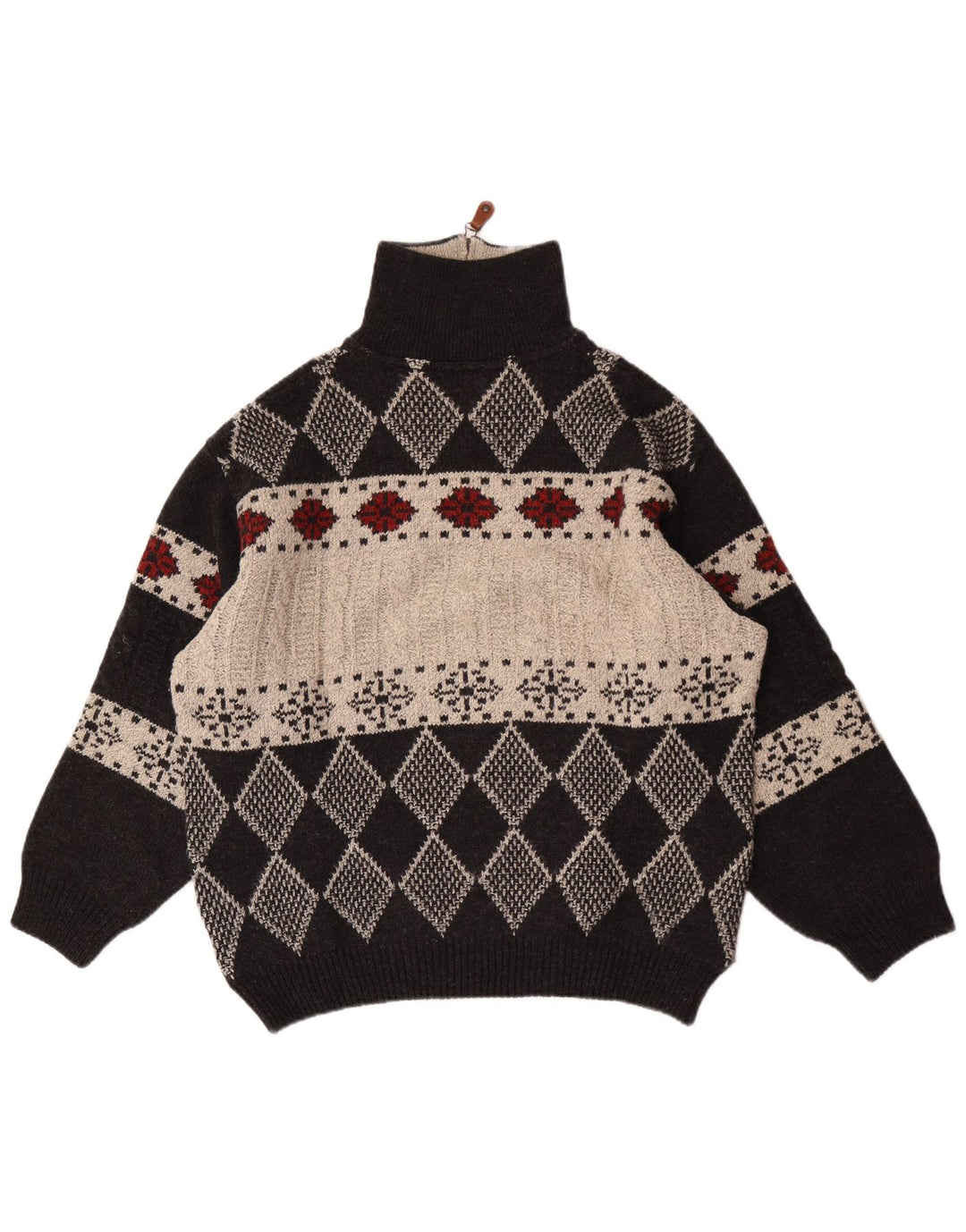 vintage Mens Zip Neck Jumper Sweater IT 48 Moyen Noir Argyle/Diamant