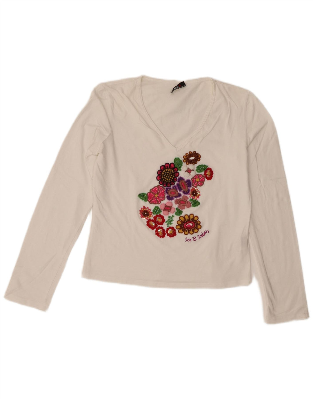 Iceberg Haut Graphique Femme Manches Longues IT 42 Coton Floral Blanc Moyen