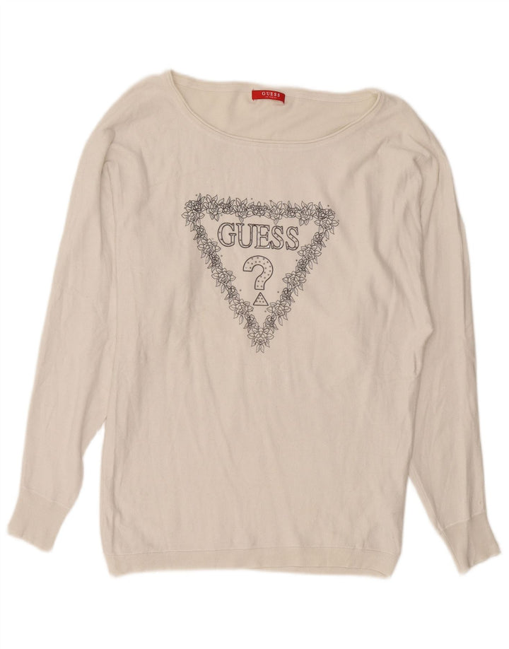 Guess Pull graphique à col bateau pour femme UK 16 Large Blanc Viscose