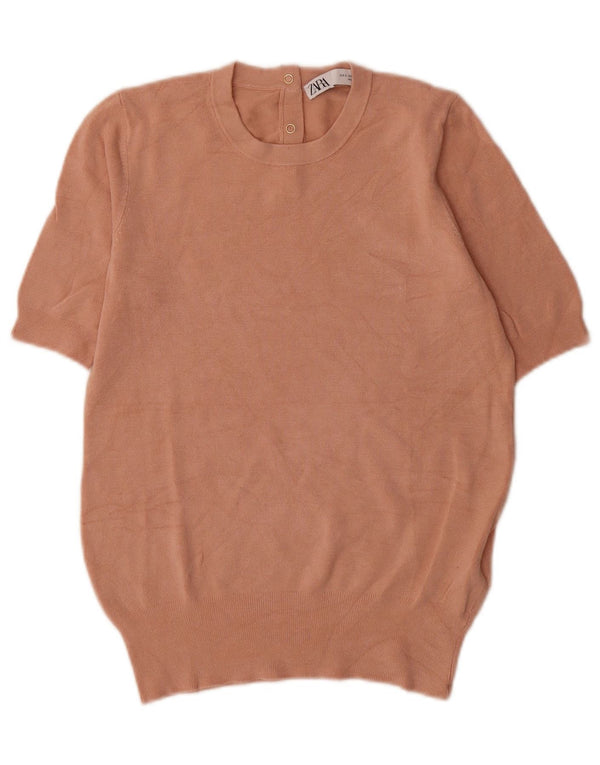 Zara Pull à manches courtes et col rond pour femme UK 10 Petite viscose rose