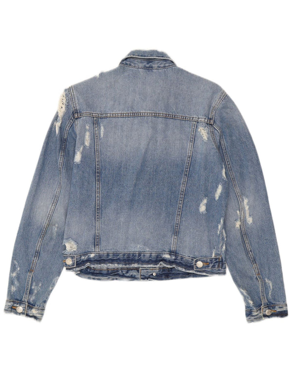 Zara Womens Crop Distressed Denim Jacket UK 12 Bleu Moyen Coton