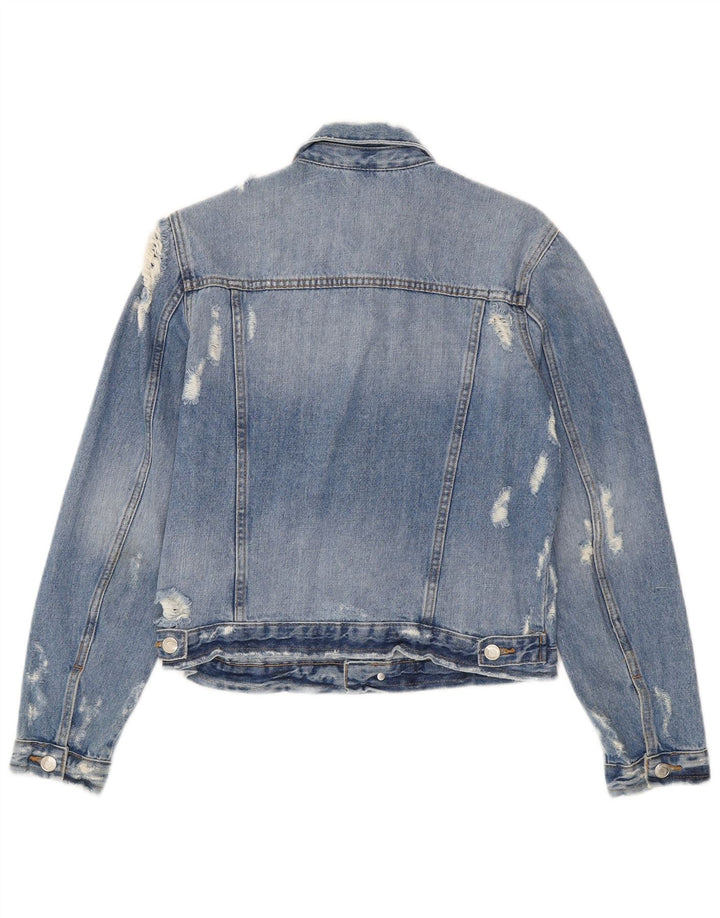 Zara Womens Crop Distressed Denim Jacket UK 12 Bleu Moyen Coton