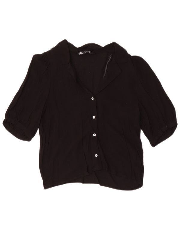 Zara Womens Crop Short Sleeve Shirt Blouse UK 6 XS Black Viscose