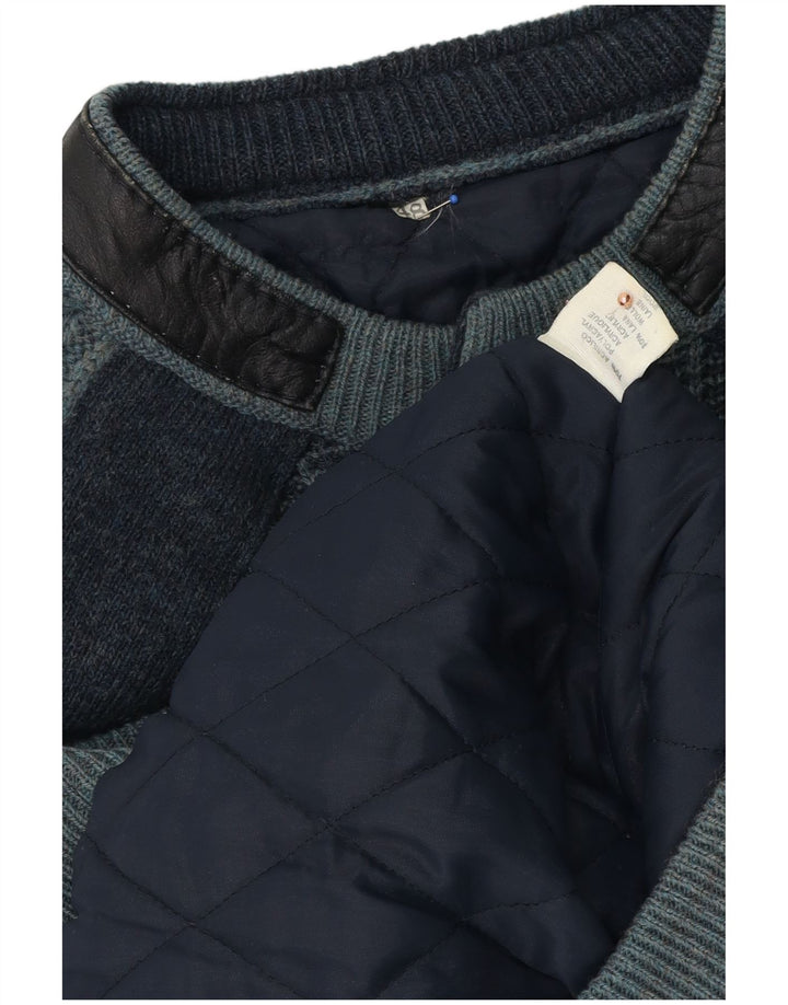 vintage Mens Knit Bomber Jacket IT 48 Moyen Bleu Marine Rayé Acrylique