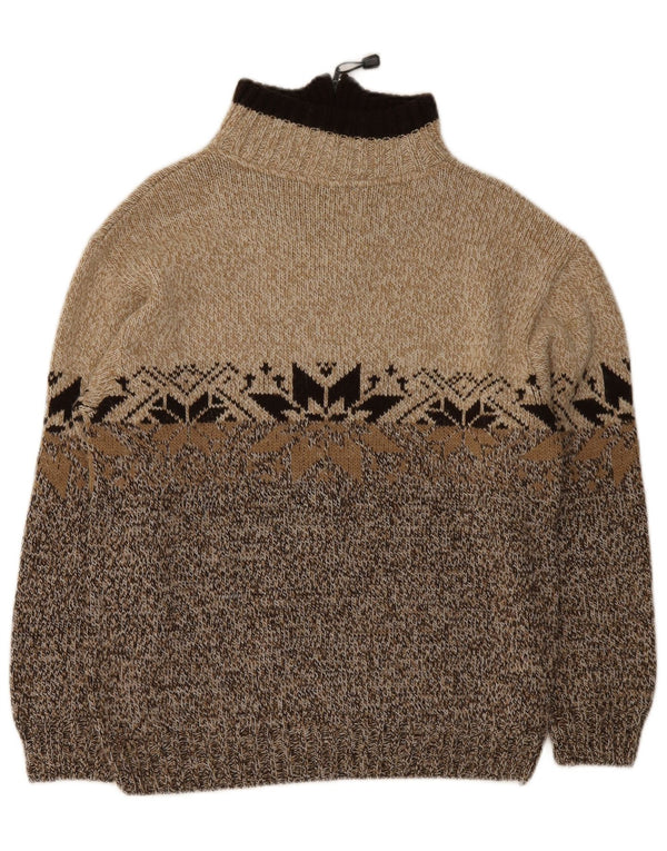 vintage Mens Zip Neck Jumper Pull Moyen Brun Fair Isle Acrylique