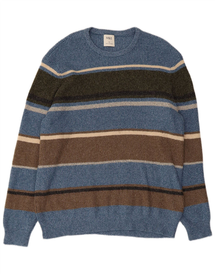 Marks & Spencer Pull Col Rond Homme XL Bleu Rayé Polyamide