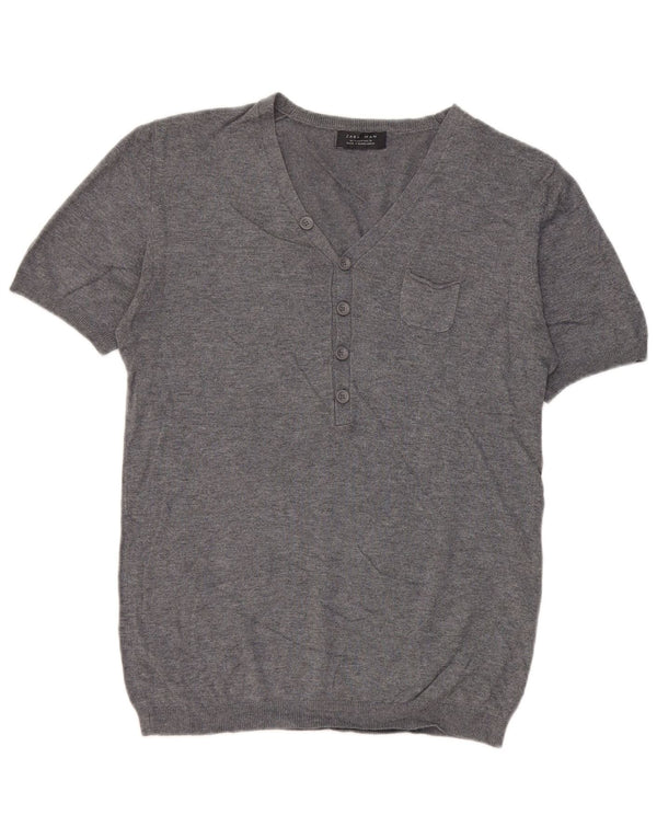 Zara Pull à manches courtes et col en V pour homme Gris moyen Viscose