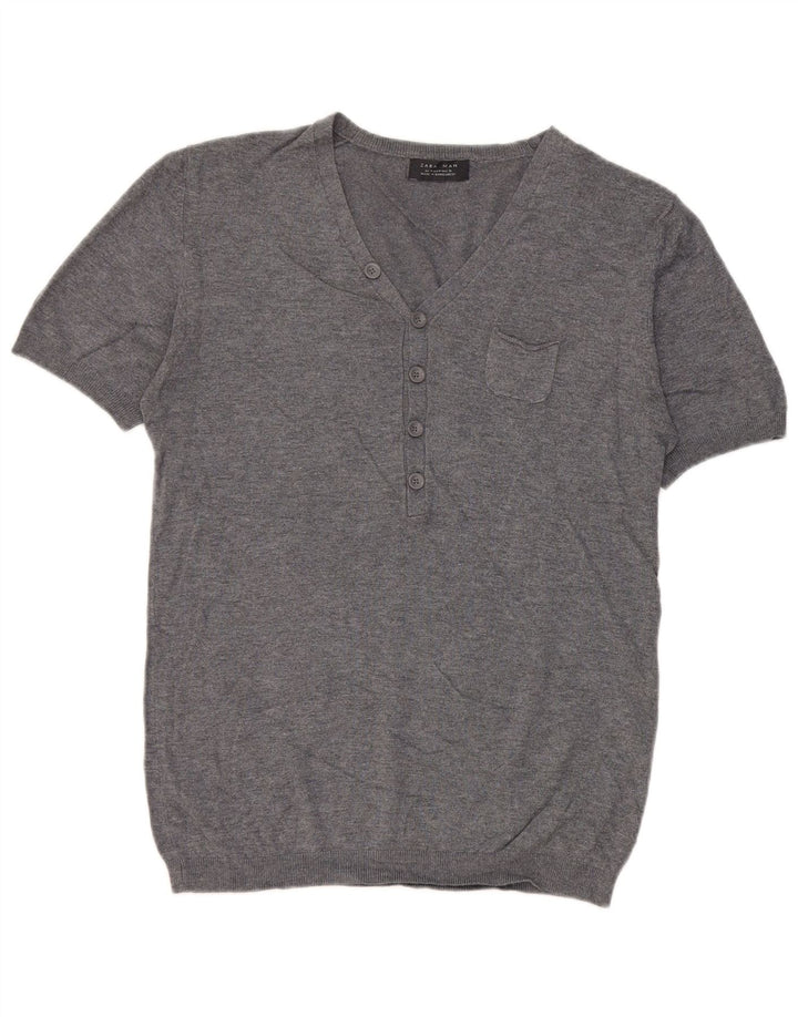 Zara Pull à manches courtes et col en V pour homme Gris moyen Viscose