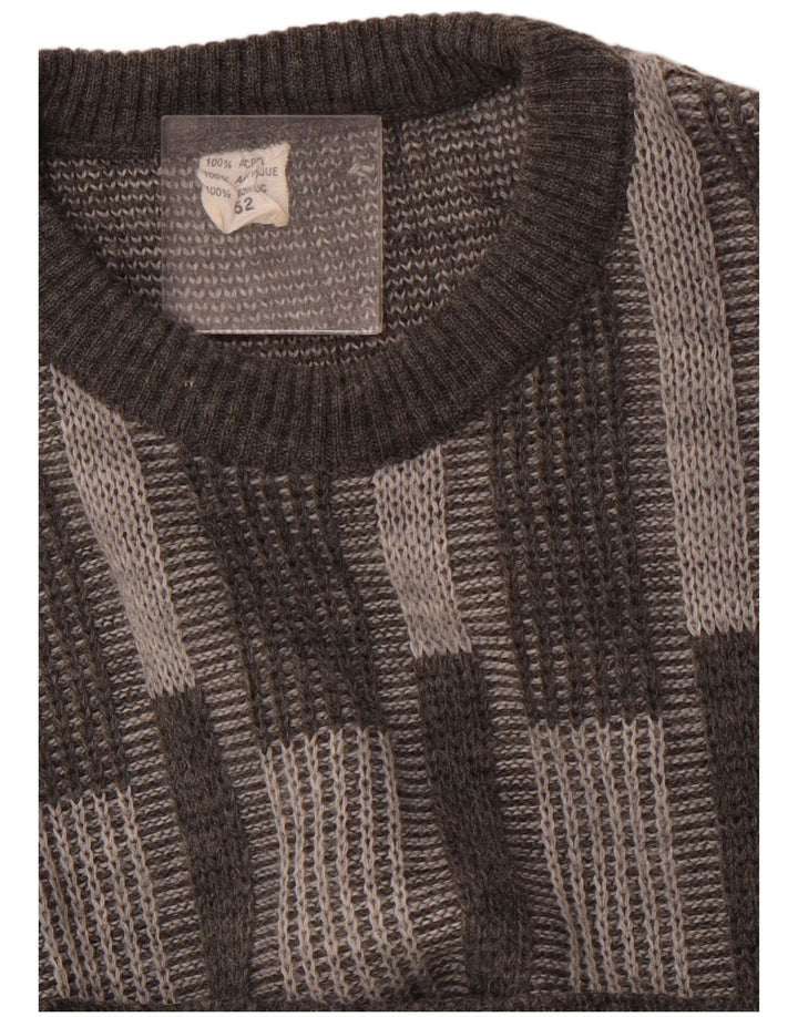 VINTAGE Mens Crew Neck Jumper Sweater IT 52 Grand Acrylique Géométrique Gris