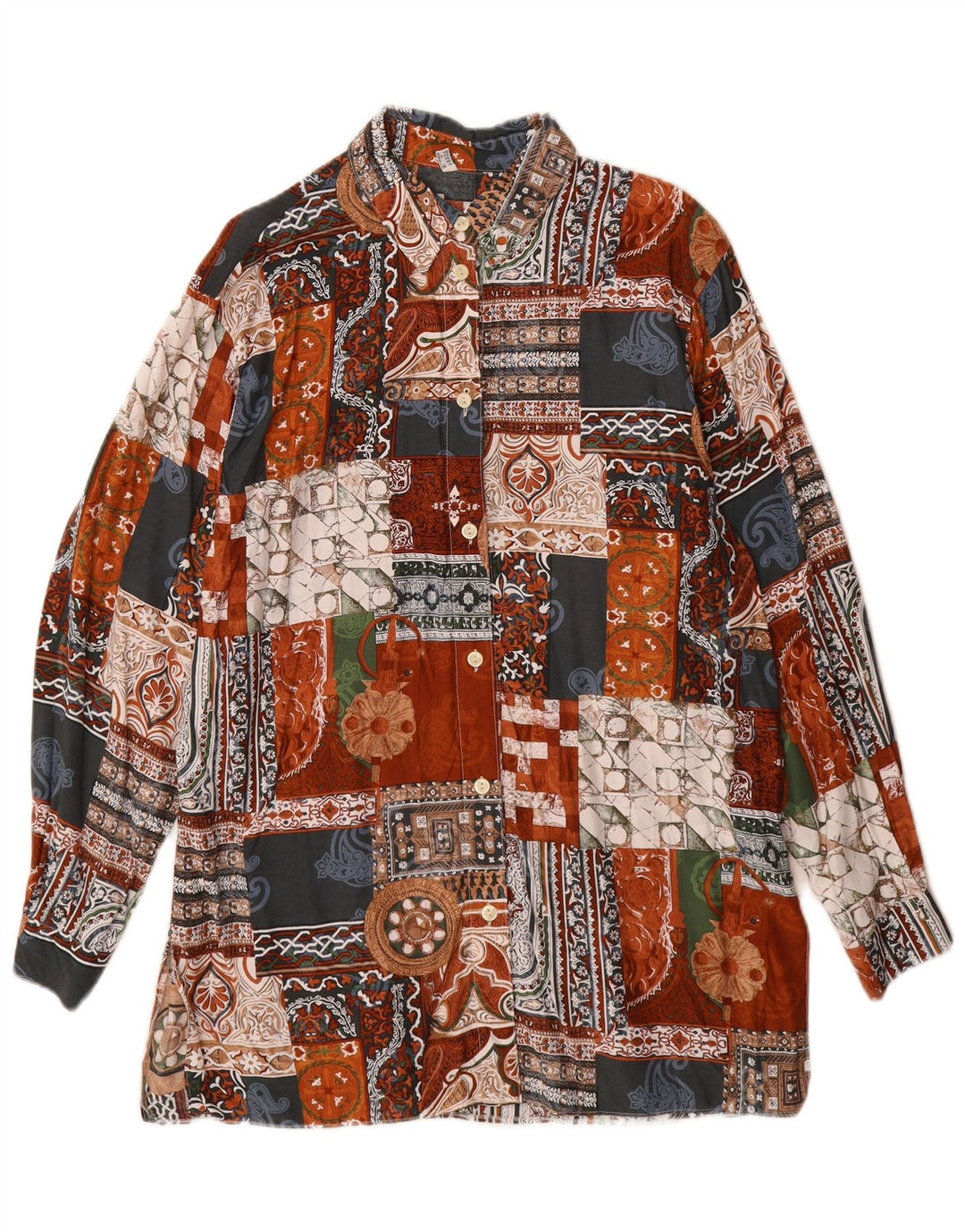 vintage Womens Longline Shirt UK 14 Grande Viscose Patchwork Multicolore