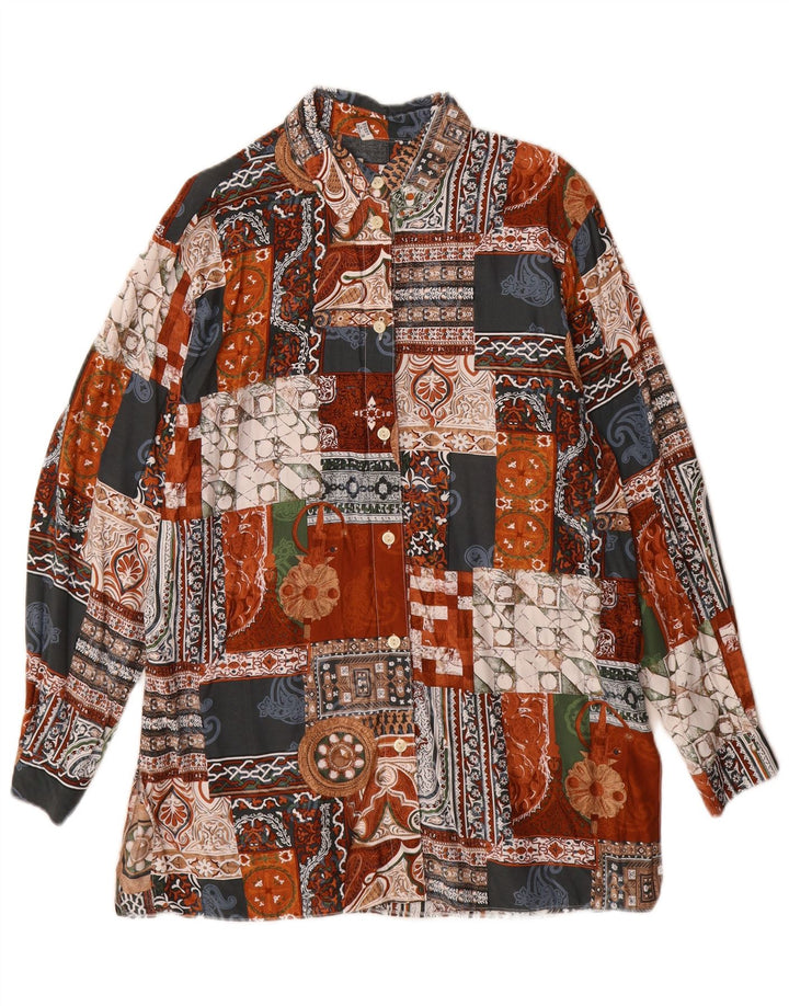 vintage Womens Longline Shirt UK 14 Grande Viscose Patchwork Multicolore